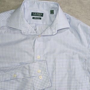 16 L LAUREN RALPH LAUREN 16 34/35 Blue Gingham Dress Shirt Non-Iron L 16 34-35